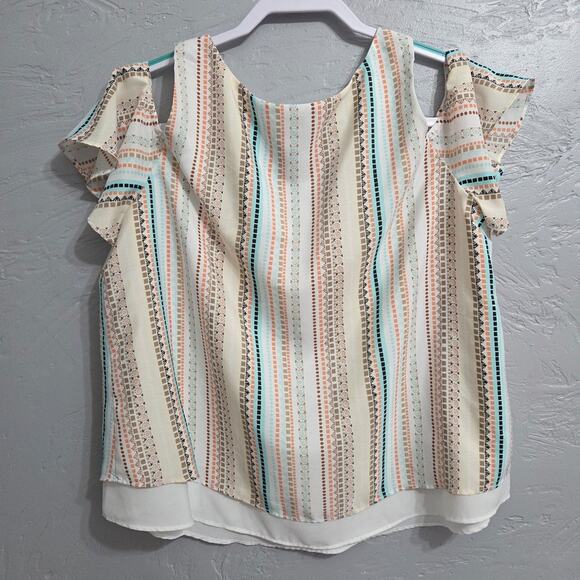 BISOU BISOU short sleeve open shoulder blouse with lining underneath size M - Picture 5 of 7
